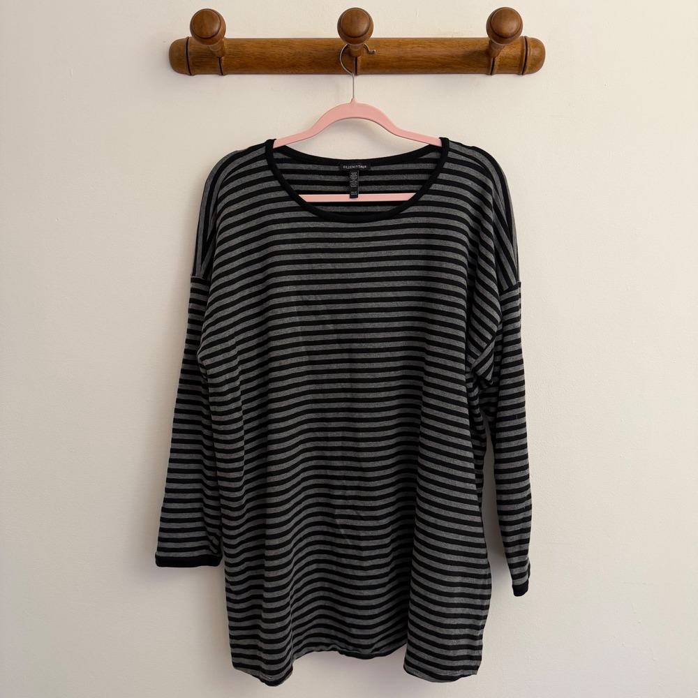 Eileen Fisher Striped Long Sleeve Tunic Top Black Grey Soft Knit Plus 1X